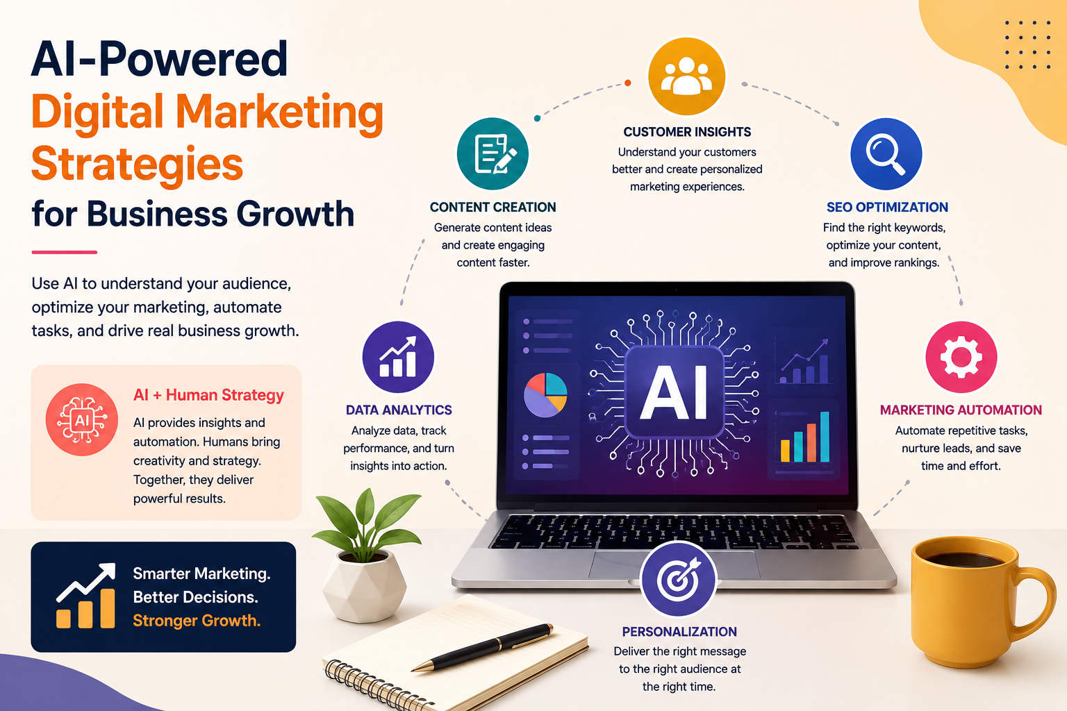 AI-powered marketing strategy infographic showing AI tools, automation, and digital marketing concepts.