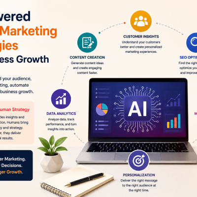 AI-powered marketing strategy infographic showing AI tools, automation, and digital marketing concepts.